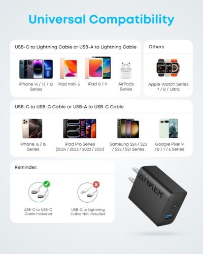 Anker iPhone 16 Charger, 2-Pack 20W Fast USB C Charger Block, for iPhone 16/16 Pro Max/15 Series/iPad Pro and More (Black, 2 Pack & 2 Cable)