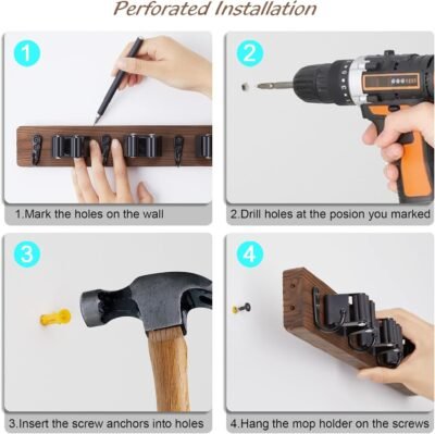 Mop and Broom Holder Wall Mount - Rustic Wood Broom Mop Hanger - Wall Mounted Garden Tool Rack Organizer for Closet Garage Laundry Room Kitchen Decor With 4 Slots & 4 Hooks