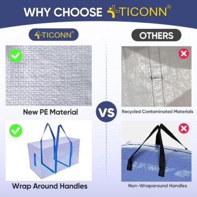 TICONN 6 Pack Extra Large Moving Bags with Zippers & Carrying Handles, Heavy-Duty Storage Tote Moving Boxes for Space Saving