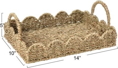 Household Essentials Handwoven Tray with Scalloped Edge and Handles, Natural