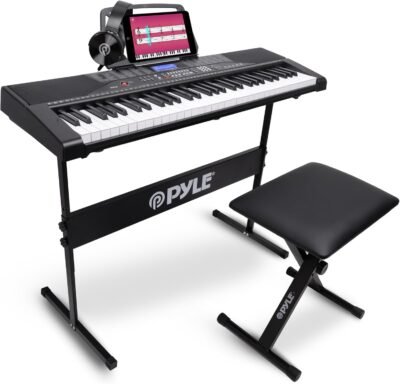 PYLE 61 Key Electric Keyboard Piano, Music Keyboard, LCD Display, Portable Design, Karaoke Function, Includes Headphones, Stand, Stool, Book Rack, Perfect for Beginners