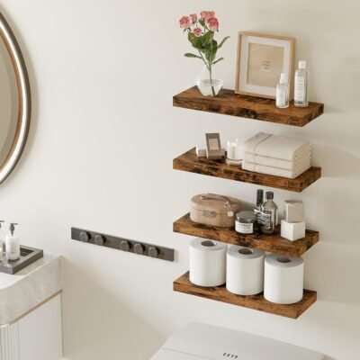 Fixwal 15.8in Floating Shelves, Rustic Wood Finish Wall Shelves Set of 4, Shelves for Wall Decor, with Invisible Brackets for Bathroom, Living Room,Bedroom and Kitchen(Rustic Brown)