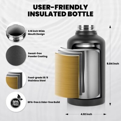 Insulated Water Bottle 64 oz, Triple Wall Vacuum Stainless Steel (Cold for 48 Hrs), Leak Proof & Non-BPA, Half Gallon Water Flask Jug with Paracord Handle & Straw Spout Lids, Magic Black