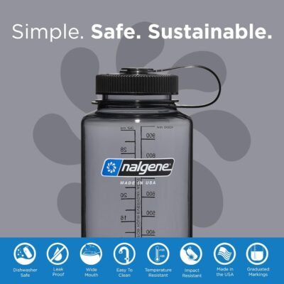 Nalgene Sustain Tritan BPA-Free Water Bottle Made with Material Derived From 50% Plastic Waste (using ISCC certified mass balance), 32 OZ, Wide Mouth, Gray w/ Black Lid
