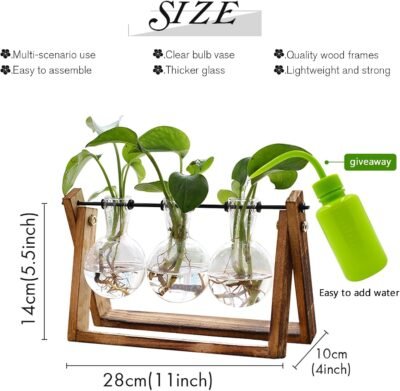 71OYteyxs7L._AC_SL1500_.jpg XXXFLOWER Plant Terrarium with Wooden Stand, Air Planter Bulb Glass Vase Metal Swivel Holder Retro Tabletop for Hydroponics Home Garden Office Decoration - 3 Bulb Vase