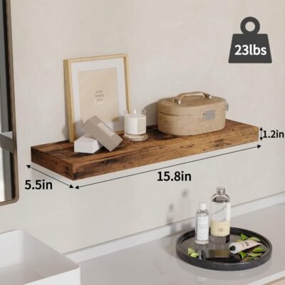 Fixwal 15.8in Floating Shelves, Rustic Wood Finish Wall Shelves Set of 4, Shelves for Wall Decor, with Invisible Brackets for Bathroom, Living Room,Bedroom and Kitchen(Rustic Brown)