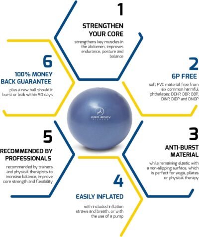 ProBody Pilates Ball 9 Inch - Small Exercise Ball for Stability, Barre, Core, Ab Workouts, Yoga, & Physical Therapy