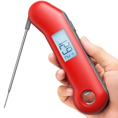 ProfessionaI Meat Thermometer Digital, 3X Faster 0.5 Sec Instant Read, NIST Certified Accuracy ±0.5°F, 100% Waterproof Probe, Auto-Rotate Bright Indicator, for Candy/Grill/BBQ, Red & Gray