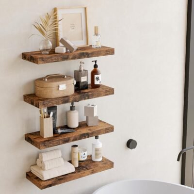 Fixwal 15.8in Floating Shelves, Rustic Wood Finish Wall Shelves Set of 4, Shelves for Wall Decor, with Invisible Brackets for Bathroom, Living Room,Bedroom and Kitchen(Rustic Brown)