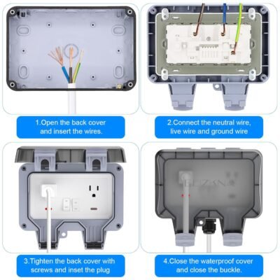 Double Outdoor Outlet with Cover Waterproof Outdside Plug Socket IP66 Weatherproof Exterior Wall Electrical Box with Switch Indicator Light Screwdriver 2-Gang Power Outlet for Wet Garden Swimming Pool