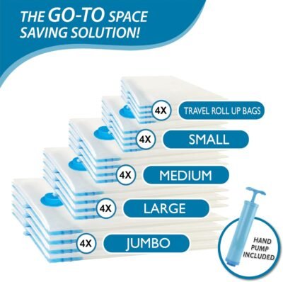 71Tt7aJZ4cL._AC_SL1500_.jpg 20 Pack Vacuum Storage Bags, Space Saver Bags (4 Jumbo/4 Large/4 Medium/4 Small/4 Roll) Compression for Comforters and Blankets, Sealer Clothes Storage, Hand Pump Included