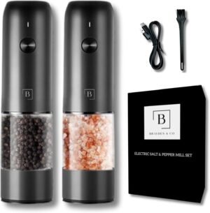 Electric Salt and Pepper Grinder Set of 2 | Automatic One Handed USB Rechargeable with 6 Adjustable Coarseness Levels and LED Lights | Modern Sleek Black | Large Capacity 75mL Mill Grinder | Kitchen