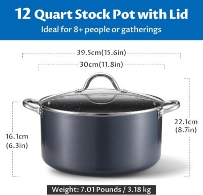 BEZIA 12 Quart Cooking Pot, Large Non Stick Induction Stock Pots with Lid, All Stove Compatible, 12 QT Aluminum Soup/Stew Pot For Big Gatherings, Grey