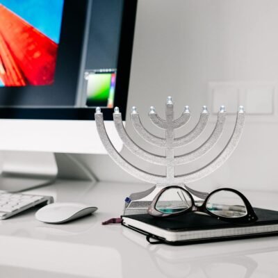 Rite Lite Go Mini Metallic Electric Menorah - LED Battery/USB Powered Chanukah Jewish Holiday - Office Car Home Decorations Judaica Hanukkah Gifts, Push Button Multi Light - Silver