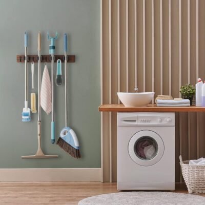 Mop and Broom Holder Wall Mount - Rustic Wood Broom Mop Hanger - Wall Mounted Garden Tool Rack Organizer for Closet Garage Laundry Room Kitchen Decor With 4 Slots & 4 Hooks
