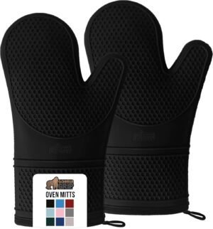 GORILLA GRIP Heat Resistant Durable Silicone Oven Mitts, BPA-Free Protective Grilling Potholders, Soft Cotton Lining, Flexible Waterproof Cooking Mitt Set, Kitchen Home Essentials, 12.5x8.3, Black