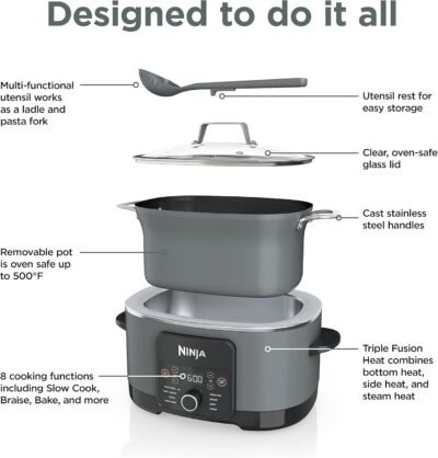 Ninja MC1001 Foodi PossibleCooker PRO 8.5 Quart Multi-Cooker, with 8-in-1 Slow Cooker, Dutch Oven, Steamer, Glass Lid Integrated Spoon, Nonstick, Oven Safe Pot to 500°F, Sea Salt Gray