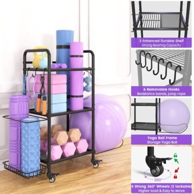 Home Gym Storage Rack Exercise Equipment Storage Organizer for Yoga Mat Dumbbells Kettlebells Foam Roller Yoga Strap & Resistance Bands, Ideal Yoga Mat Holder & Workout Equipment Organizer