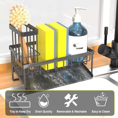 71hUt1xo31L._AC_SL1500_.jpg Vanwood Sink Caddy Sponge Holder for Kitchen Sink with Brush Holder, Kitchen Cocina Organizer and Storage Dish Soap Sponge Caddy with Auto Stainless Steel Draining Tray for Counter