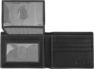 Timberland Men's Leather Wallet With Attached Flip Pocket, Black (Cloudy), One Size