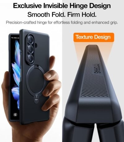 TORRAS 360 Spin Magnetic Stand for Galaxy Z Fold 7 Case, MIL-Grade Hinge Protection, Fit for Magsafe, 360 Kickstand & Ring Holder, Armor Hard Slim Case for Samsung Galaxy Z Fold 7, Black