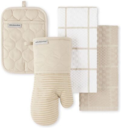 71ia9AyLpsL._AC_SL1500_.jpg KITCHENAID Quilted Cotton Terry Cloth Oven Mitt, Pot Holder, Kitchen Towel 4-Pack Set, Heat Resistant, Silicone Grip, 16"x26", 7"x13" & 7"x10", Milkshake