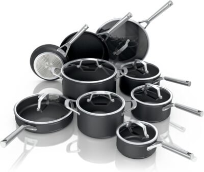 Ninja Cookware, Ninja NeverStick Professional, 16-Piece Pots and Pans Set, Non Stick Frying Pans, Kitchen Essentials, Stock Pot, Sauce Pan, Glass Lids, Saute Pan, All Stovetops, Black, C39900