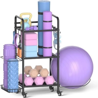 Home Gym Storage Rack Exercise Equipment Storage Organizer for Yoga Mat Dumbbells Kettlebells Foam Roller Yoga Strap & Resistance Bands, Ideal Yoga Mat Holder & Workout Equipment Organizer