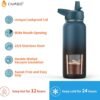CIVAGO 32 oz Insulated Water Bottle With Straw, Stainless Steel Sports Water Cup Flask with 3 Lids (Straw, Spout and Handle Lid), Wide Mouth Travel Thermal Mug, Black