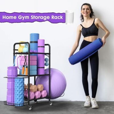 Home Gym Storage Rack Exercise Equipment Storage Organizer for Yoga Mat Dumbbells Kettlebells Foam Roller Yoga Strap & Resistance Bands, Ideal Yoga Mat Holder & Workout Equipment Organizer
