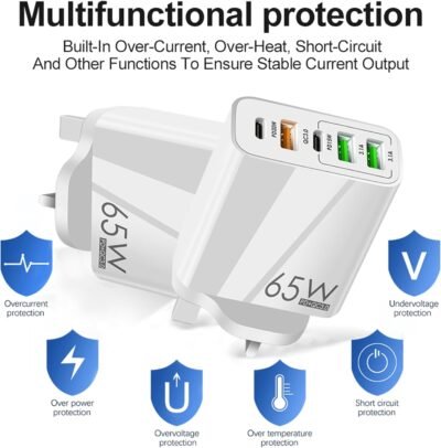 UK Ireland USB C Charger Block, LiFiYiRc 65W 6.6A 2 USB C 3 USB A Ports Plug for England Ireland Hong Kong, Type G Adapter Compatible for iPhone 16 15 14 13 12 11 Pro Max XS XR X SE Plus, Samsung