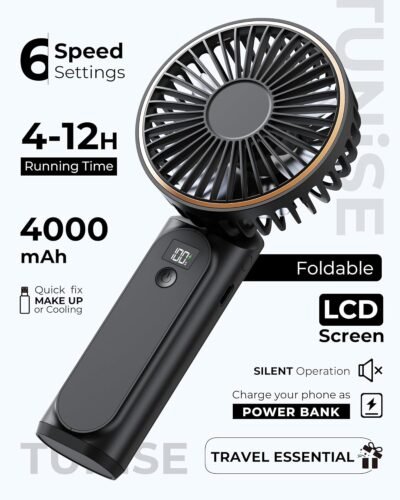 Portable Handheld Fan, 4000mAh, 180 Adjustable, 6 Speed Wind, Display Electricity in Real Time, USB Rechargeable Foldable Personal Fan