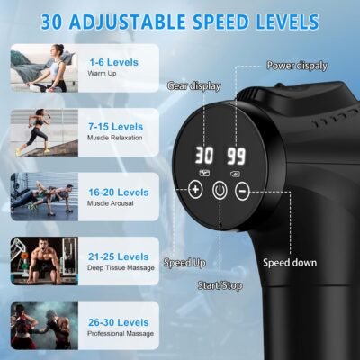 Massage Gun, Muscle Massage Gun for Athletes Handheld Electric Deep Tissue Back Massager, Percussion Massage Device for Pain Relief with 30 Speed Levels 9 Heads