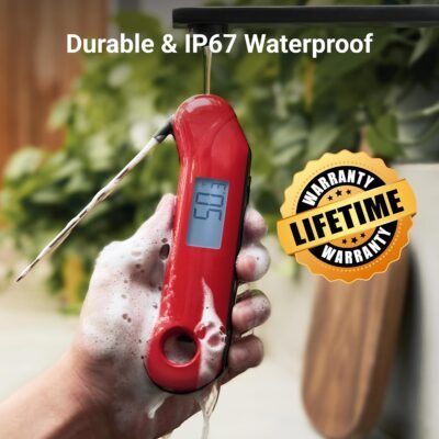 ProfessionaI Meat Thermometer Digital, 3X Faster 0.5 Sec Instant Read, NIST Certified Accuracy ±0.5°F, 100% Waterproof Probe, Auto-Rotate Bright Indicator, for Candy/Grill/BBQ, Red & Gray