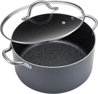 BEZIA 12 Quart Cooking Pot, Large Non Stick Induction Stock Pots with Lid, All Stove Compatible, 12 QT Aluminum Soup/Stew Pot For Big Gatherings, Grey