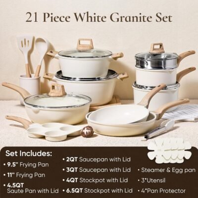 CAROTE 21Pcs Pots and Pans Set, Nonstick Cookware Sets, White Granite Induction Cookware Non Stick Cooking Set w/Frying Pans & Saucepans(PFOS, PFOA Free)