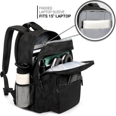 ZORFIN 26L Black Backpack for School, College, and Travel: Water Resistant Bookbag with 8 Compartments