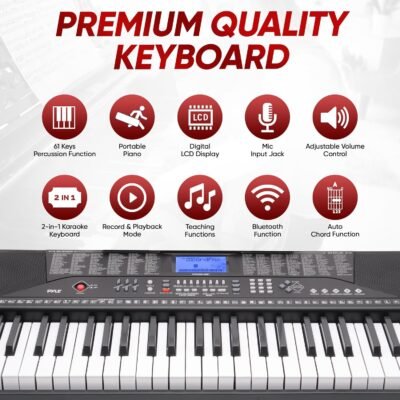 PYLE 61 Key Electric Keyboard Piano, Music Keyboard, LCD Display, Portable Design, Karaoke Function, Includes Headphones, Stand, Stool, Book Rack, Perfect for Beginners
