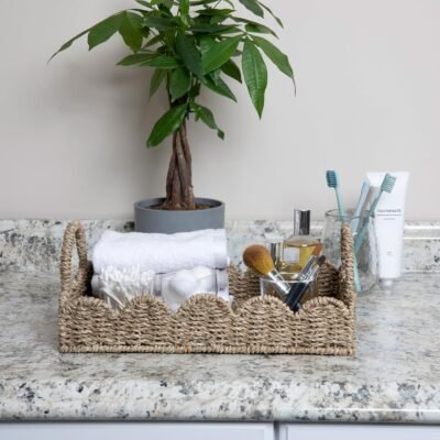 Household Essentials Handwoven Tray with Scalloped Edge and Handles, Natural