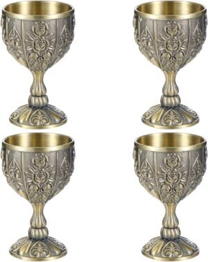 4 Pcs 20 ML Small Handmade Goblet Chalice, Mini Vintage Engraving Wine Liqueur Cup, Vintage Chalice Medieval Goblet Wine Glass Cups, Sturdy Drinking Vessel Glasses for Weddings Home Decor Blessings