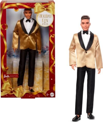 Barbie Signature 2025 Holiday Light Brown Hair Ken Collectible Fashion Doll Wearing Full Suit with Golden Jacket in Displayable Packaging & Doll Stand