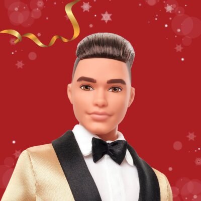Barbie Signature 2025 Holiday Light Brown Hair Ken Collectible Fashion Doll Wearing Full Suit with Golden Jacket in Displayable Packaging & Doll Stand