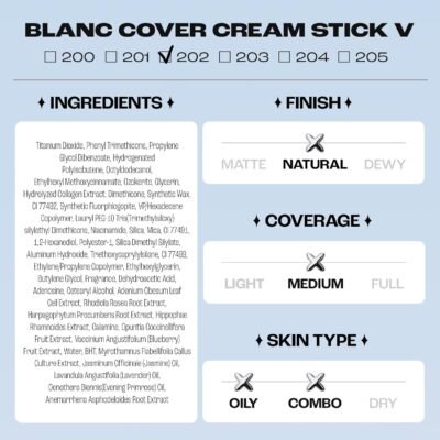 Blanc Cover Cream Stick V White - Korean Color-Changing Foundation Stick with Volufiline - Medium to Full Coverage Dewy Finish Base Makeup - Dual-Ended with Detachable Brush (202 Natural)