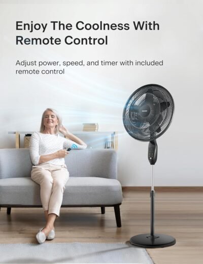 PELONIS PFS45A5BBB 18 inch 5-Blade Oscillating, Adjustable Standing Pedestal Remote, LED Display, 5 Speed Setting and 7-Hour Timer Fan, Black
