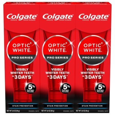 81NGw0XQG5L._SL1500_.jpg Colgate Optic White Pro Series Stain Prevention Hydrogen Peroxide Toothpaste, Teeth Whitening Toothpaste, Effectively Removes Tea, Coffee, and Wine Stains, Enamel-Safe for Daily Use, 3 Pack, 3.0 oz
