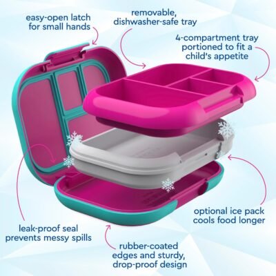 81NSjs7a0uL._AC_SL1500_.jpg Bentgo Chill Kids Leak-Proof Lunch Box - 4-Compartment Bento Box with Built-In Ice Pack, 3.3 Cup Capacity, PFAS & BPA-Free, Microwave & Dishwasher Safe, Ideal Size for Ages 3 to 7 (Fuchsia/Teal)