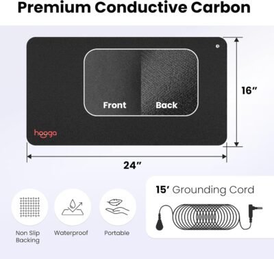 Hooga Grounding Mat for Sleep, Energy & Pain Relief – 24" x 16" Conductive Carbon Pad with 15ft Grounding Cord – Indoor Earth Connection for Inflammation & Recovery
