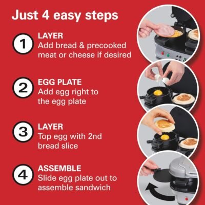 Hamilton Beach Dual Breakfast Sandwich Maker with Timer, Ready in 5 Minutes, Removable Dishwasher Safe PFAS-Free Non-Stick Egg Cooker Ring, Silver (25490MNA)