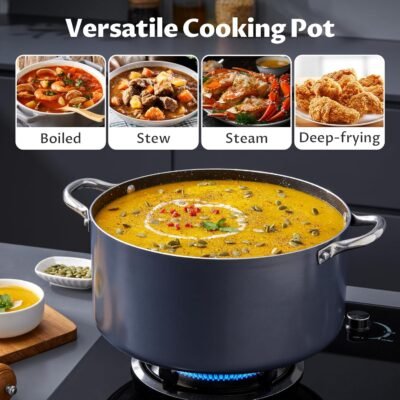 BEZIA 12 Quart Cooking Pot, Large Non Stick Induction Stock Pots with Lid, All Stove Compatible, 12 QT Aluminum Soup/Stew Pot For Big Gatherings, Grey