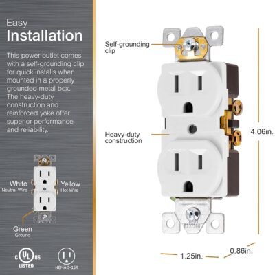81ZVRIZbeFL._SL1500_.jpg GE UltraPro Duplex Heavy-Duty Receptacle, White, Wall Outlet, Reinforced Yoke, Self-grounding Clip, 3 Prong, Supports 15A, UL Listed, 42157